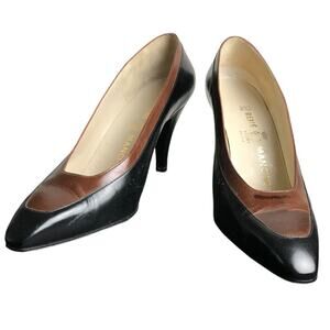 Rene Mancini Pump Shoes Womens Sz 9 Brown Black Leather 3.5" Heels Made In Italy